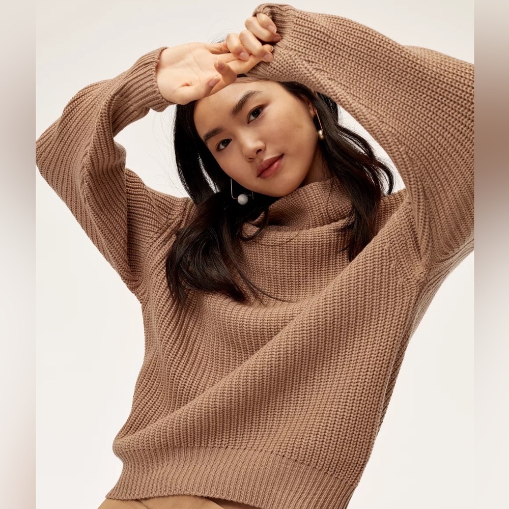 Aritzia Wilfred Montpellier Turtleneck Sweater 100% Merino Wool XS Beige/Caramel